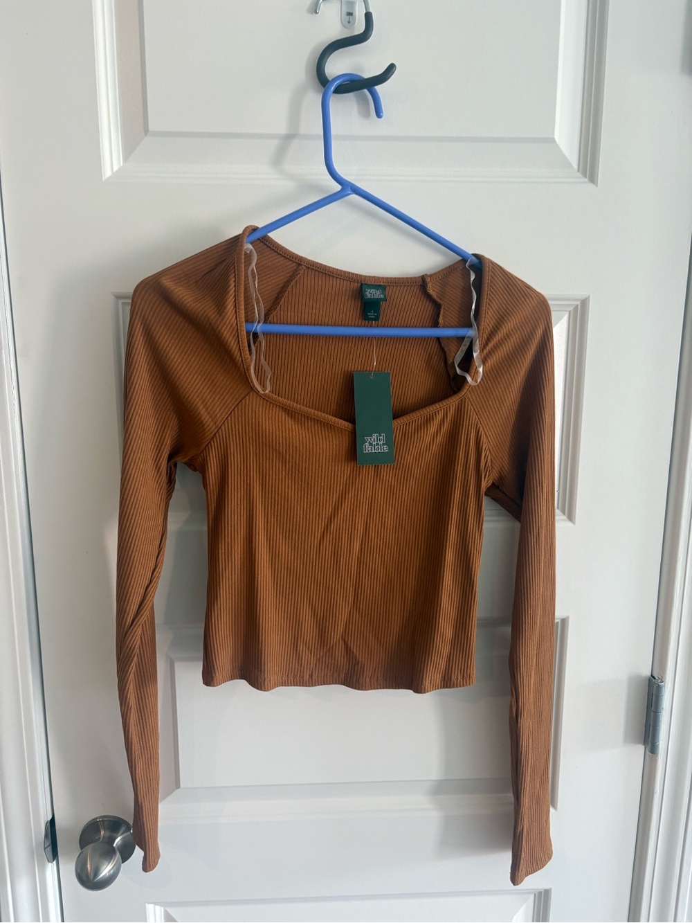 wild fable Ribbed Square-Neck Long Sleeve Top - Rust Brown